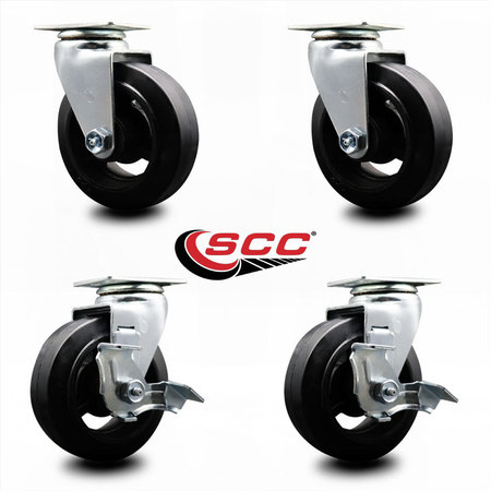 Service Caster 5 Inch Rubber on Cast Iron Swivel Caster Set with Roller Bearings 2 Brakes SCC-20S520-RSR-2-TLB-2